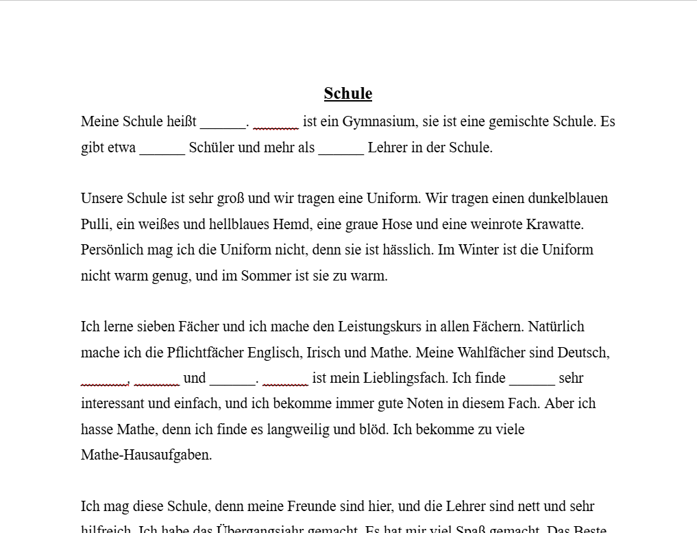 H1 Leaving Cert German Oral Notes