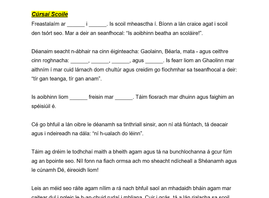 H1 Leaving Cert Irish Oral Notes
